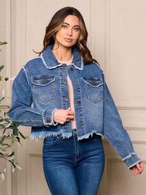 WOMEN'S LONG SLEEVE POCKETS BUTTON CLOSURE DENIM JACKET