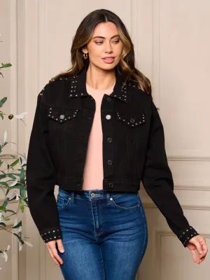 WOMEN'S LONG SLEEVE POCKETS BUTTON CLOSURE STUDS DENIM JACKET