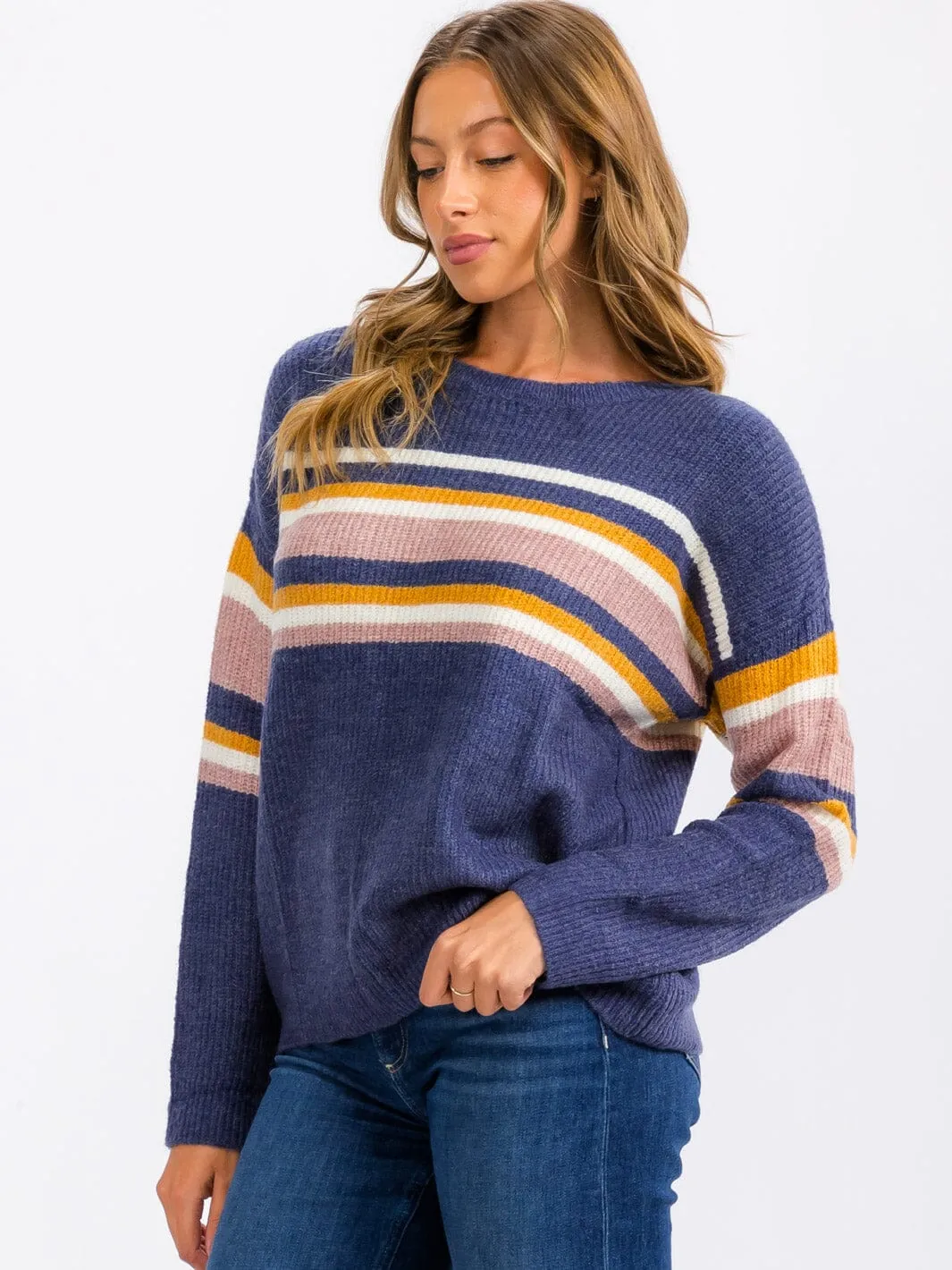 WOMEN'S LONG SLEEVE STRIPES COLORBLOCK PULLOVER SWEATER