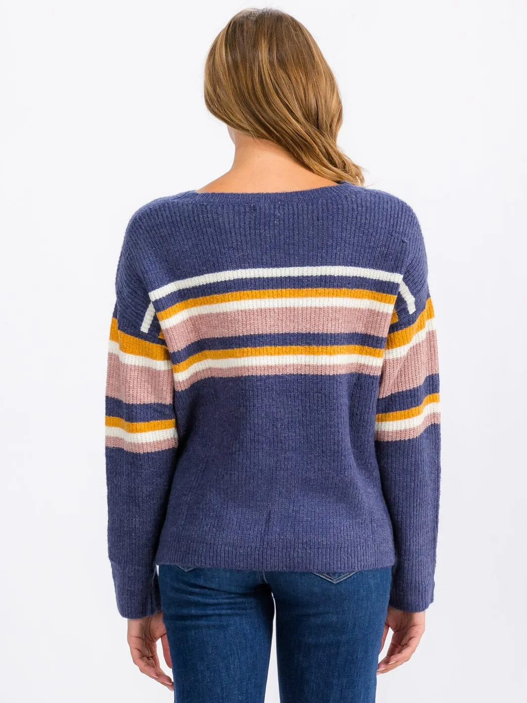 WOMEN'S LONG SLEEVE STRIPES COLORBLOCK PULLOVER SWEATER