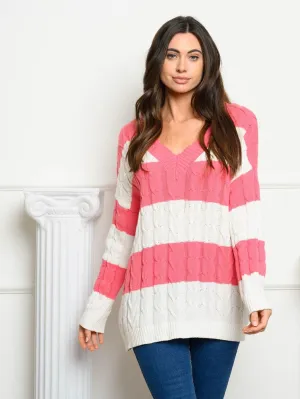 WOMEN'S LONG SLEEVE V-NECK CABLE KNIT COLORBLOCK SWEATER