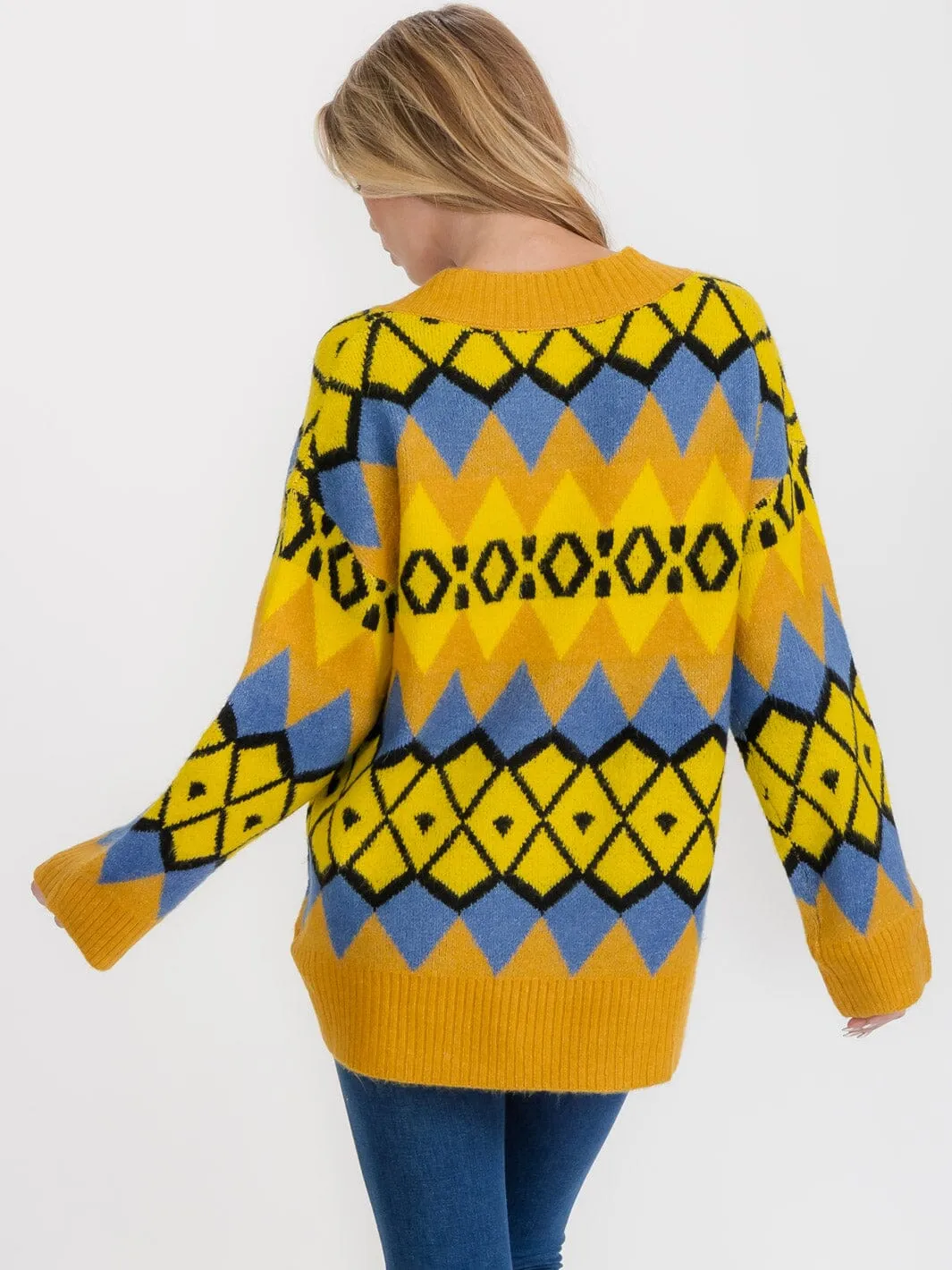 WOMEN'S LONG SLEEVE V-NECK COLORBLOCK PULLOVER OVERSIZE SWEATER