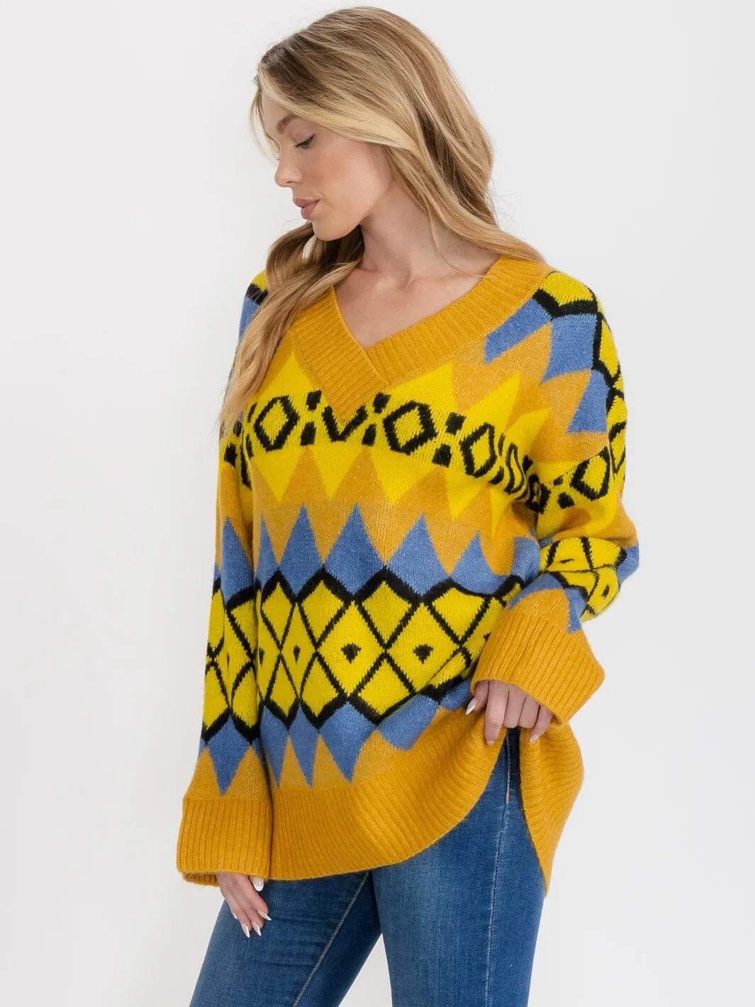 WOMEN'S LONG SLEEVE V-NECK COLORBLOCK PULLOVER OVERSIZE SWEATER
