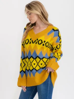 WOMEN'S LONG SLEEVE V-NECK COLORBLOCK PULLOVER OVERSIZE SWEATER