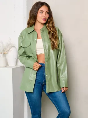 WOMEN'S LONG SLEEVES BUTTON UP PU PLEATHER JACKET