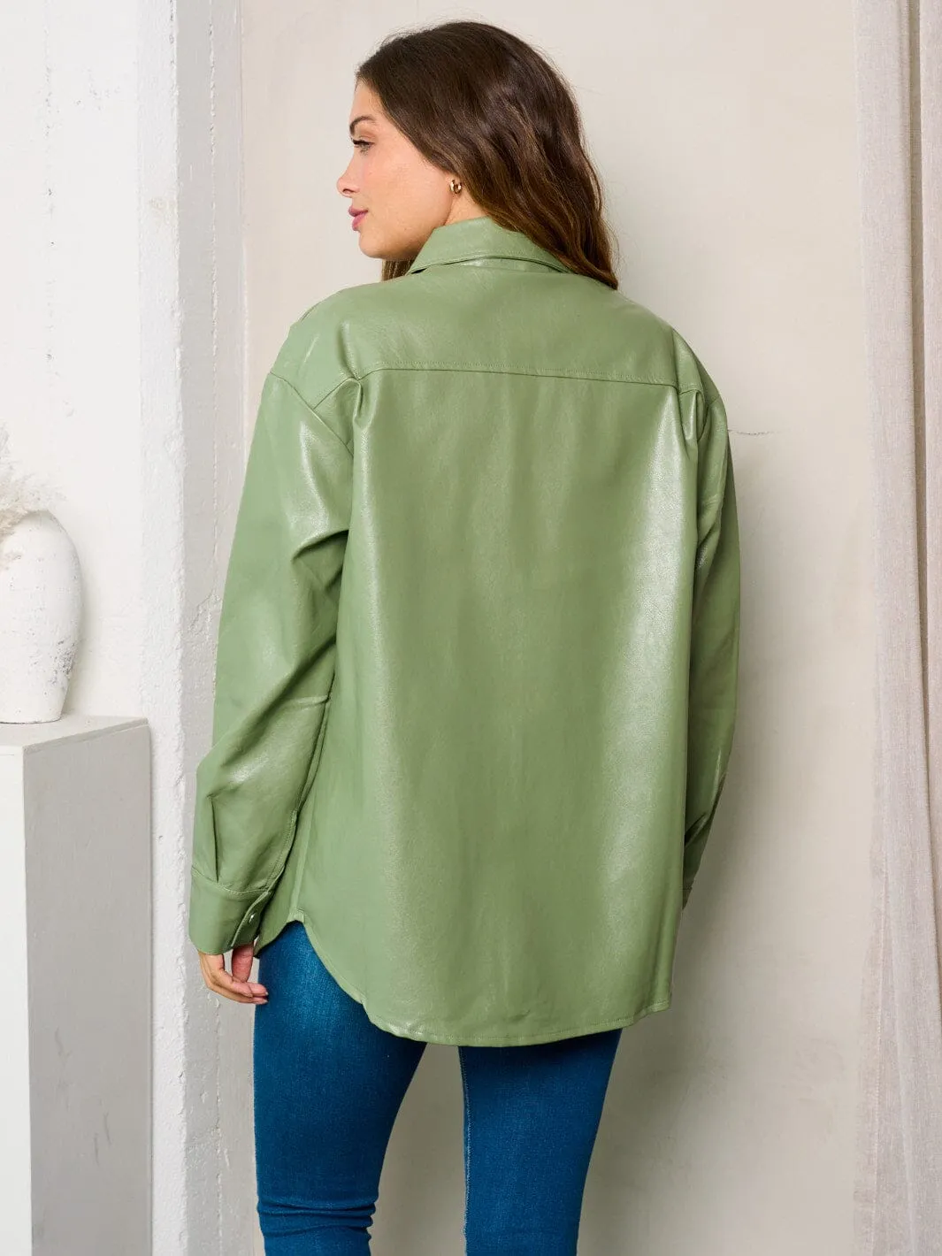 WOMEN'S LONG SLEEVES BUTTON UP PU PLEATHER JACKET