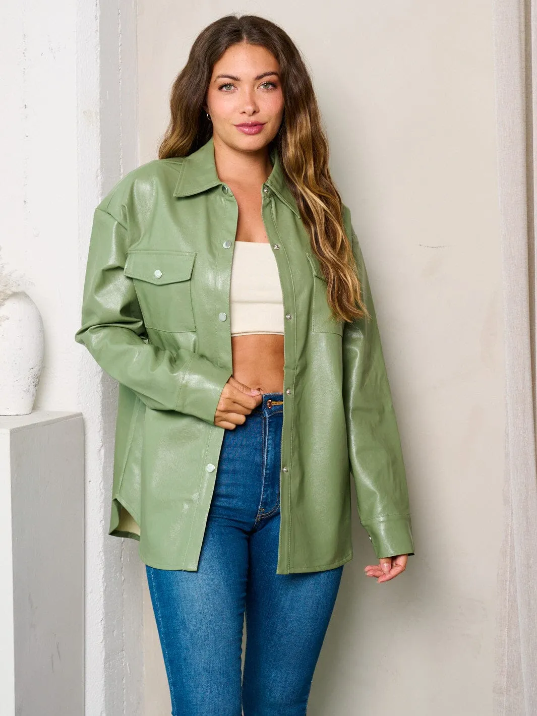 WOMEN'S LONG SLEEVES BUTTON UP PU PLEATHER JACKET