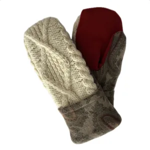 Women's Mittens - Cream Cable Knit, Orange with Paisley Pattern - 1562 M/L