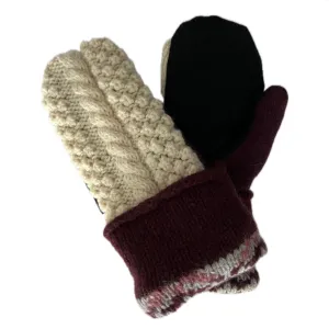 Women's Mittens - Cream Cable Knit with Maroon - 1554 M/L