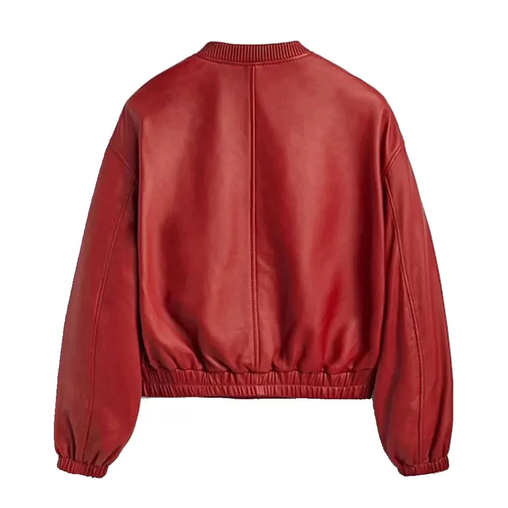 Women's Red Leather Bomber Jacket