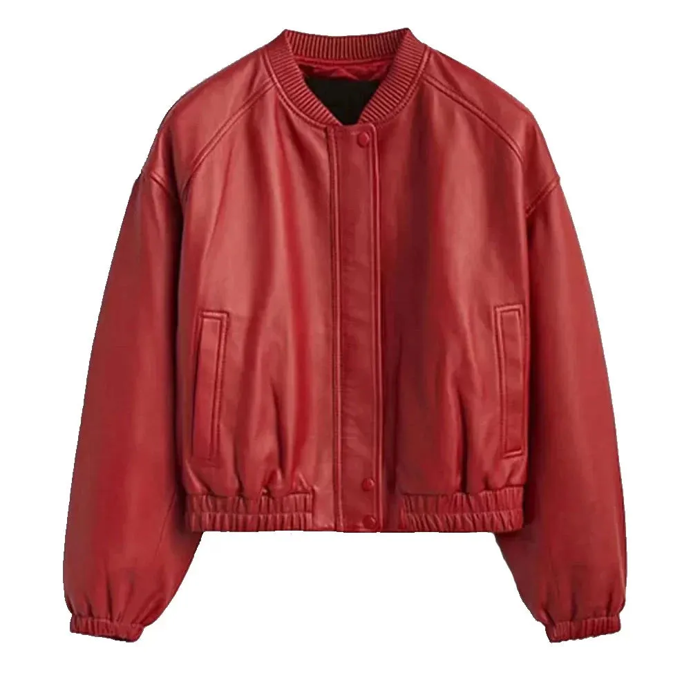Women's Red Leather Bomber Jacket