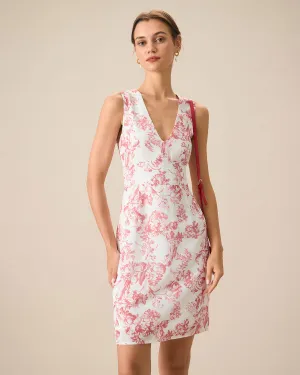 Women's Red V-Neck Sleeveless Floral Midi Dress