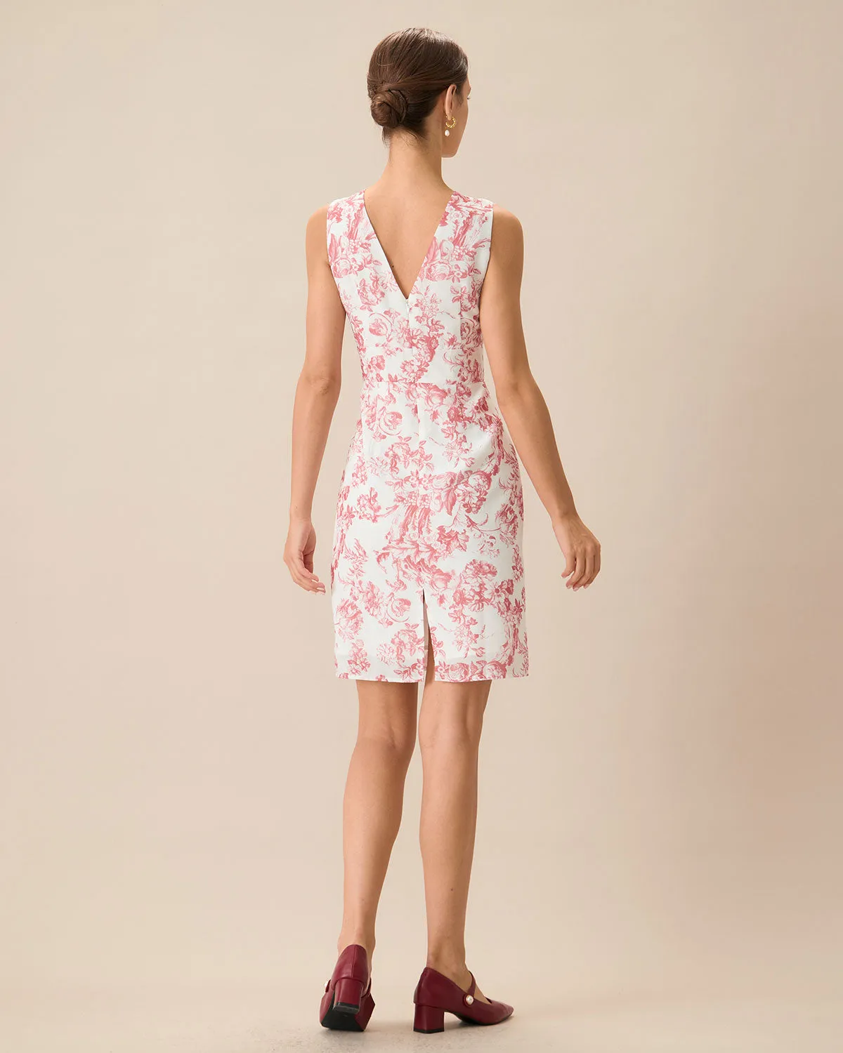 Women's Red V-Neck Sleeveless Floral Midi Dress