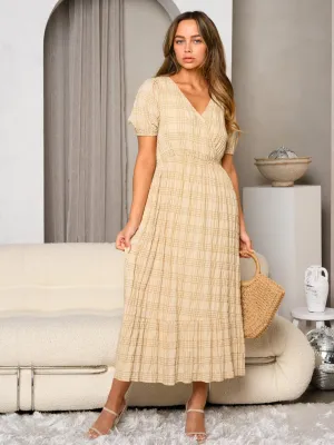 WOMEN'S SHORT PUFF SLEEVE SURPLICE MIDI DRESS