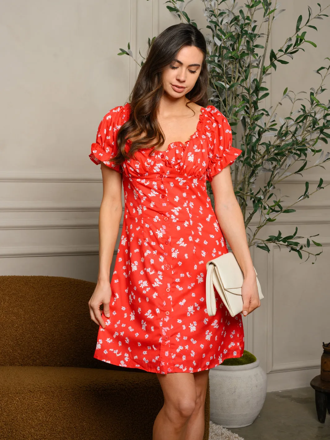 WOMEN'S SHORT RUFFLE SLEEVE FLORAL MINI DRESS