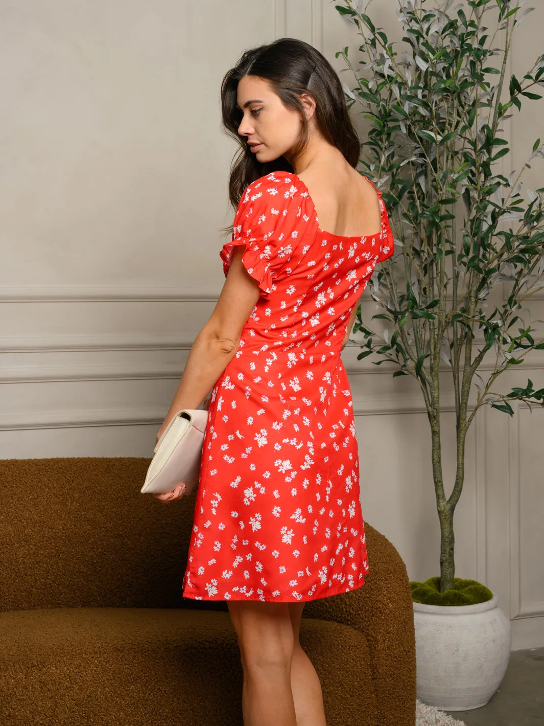 WOMEN'S SHORT RUFFLE SLEEVE FLORAL MINI DRESS