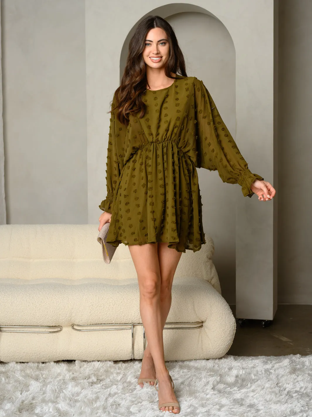 WOMEN'S SWISS DOTS SOLID WOVEN WITH SMOCKING SLEEVE CUFF DETAILS MIDI DRESS