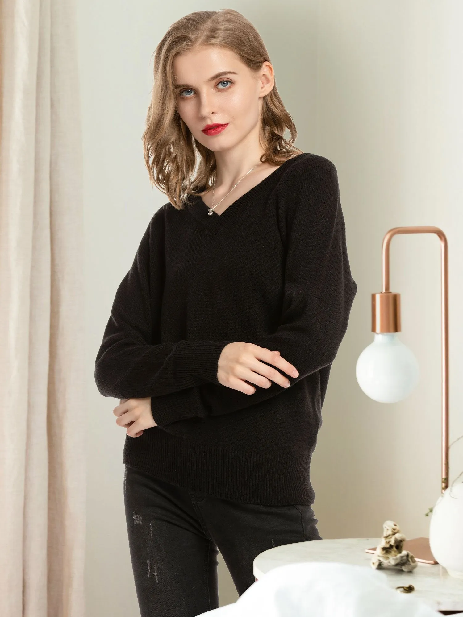 Women's V Neck Sweaters Pullover Fall Lightweight Casual Long Sleeve Solid Tops