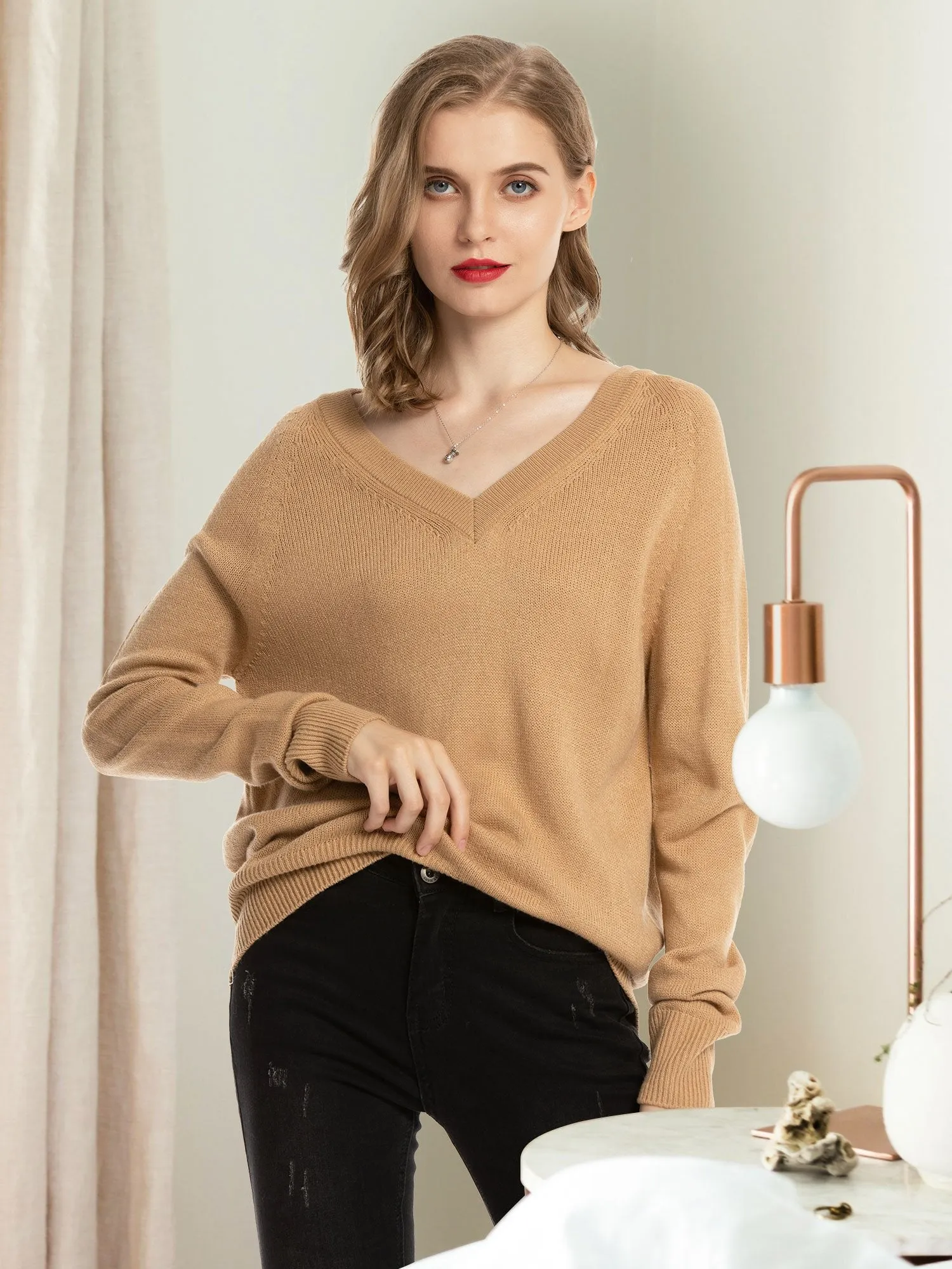 Women's V Neck Sweaters Pullover Fall Lightweight Casual Long Sleeve Solid Tops