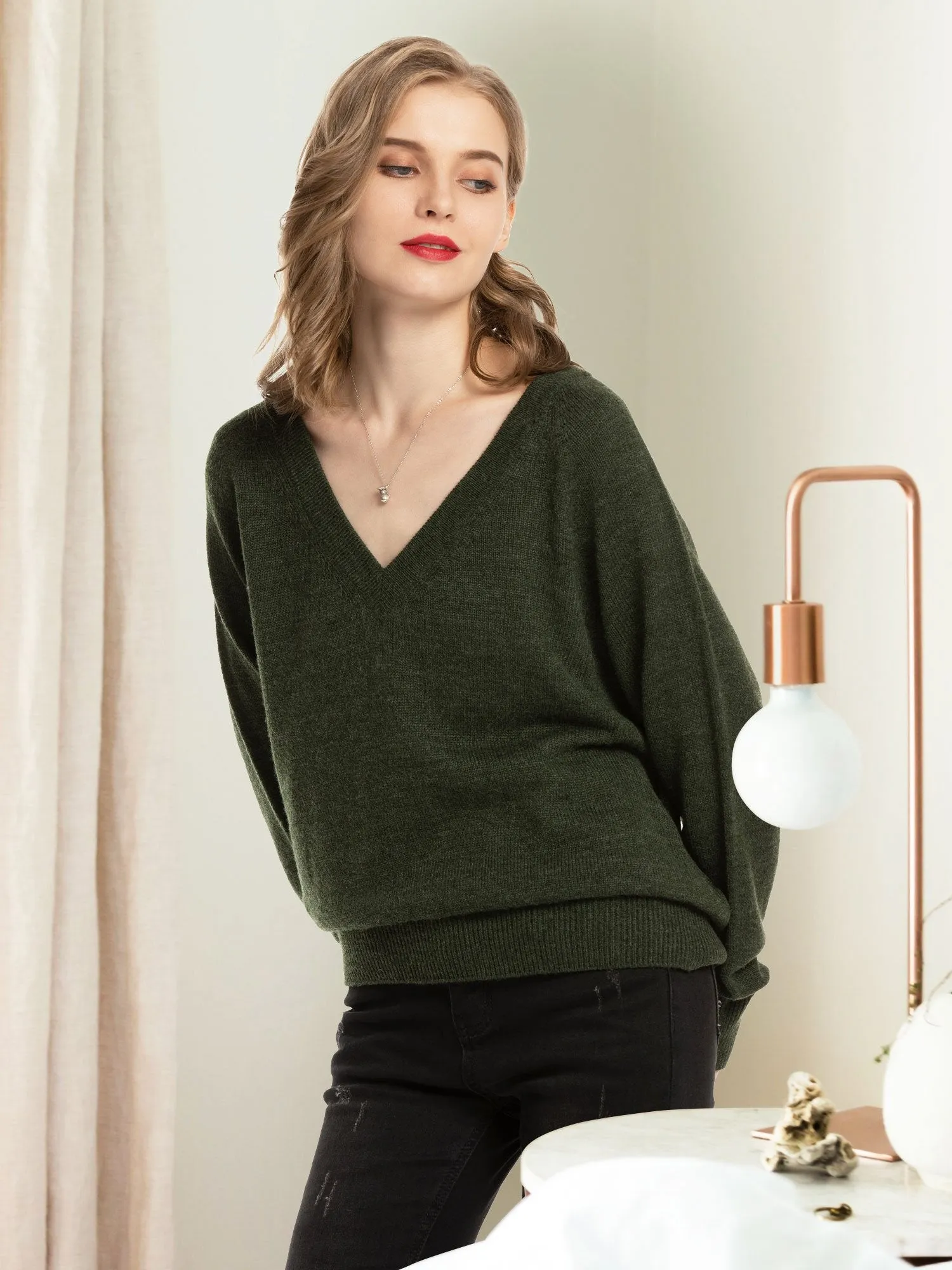 Women's V Neck Sweaters Pullover Fall Lightweight Casual Long Sleeve Solid Tops