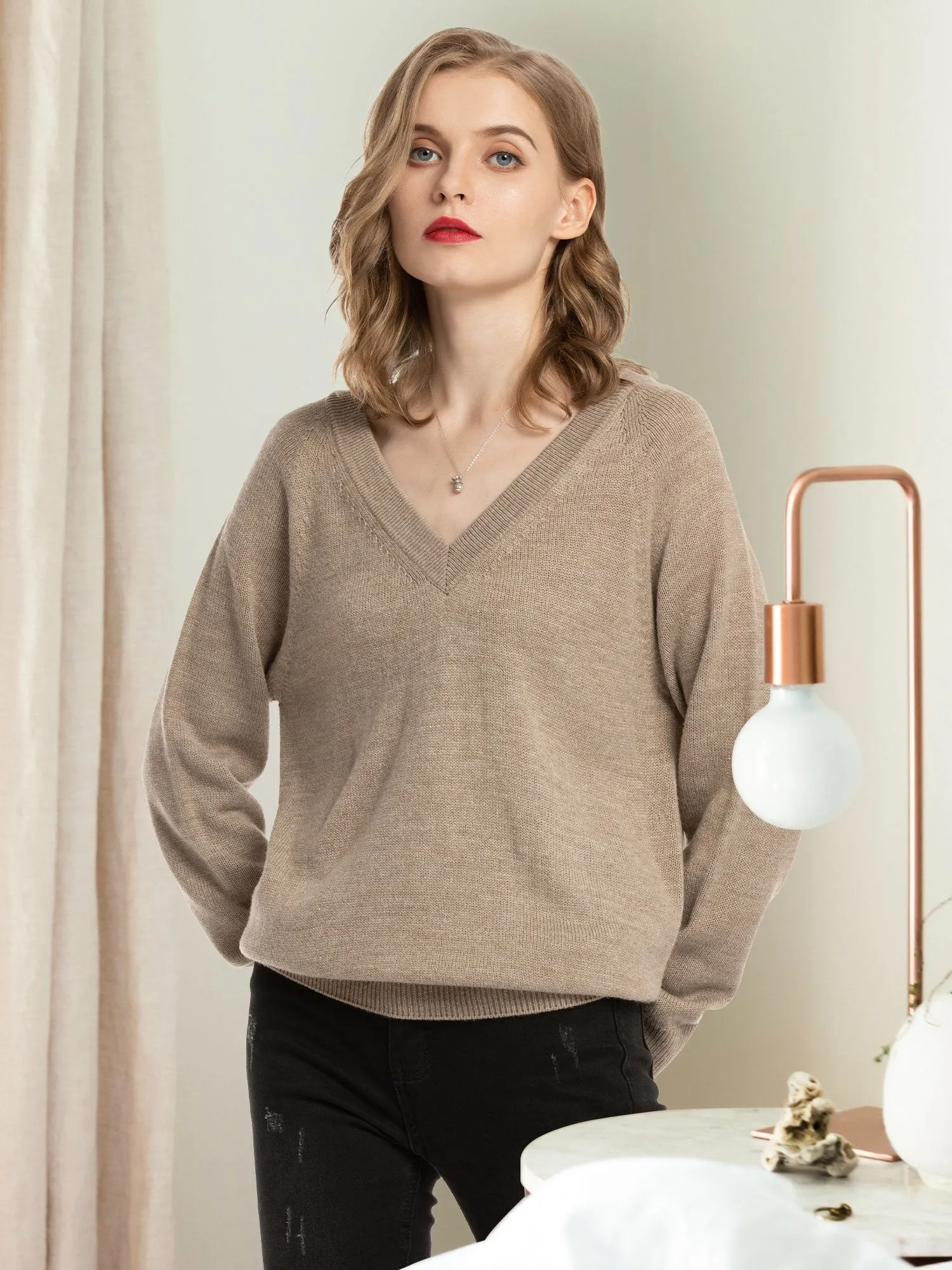 Women's V Neck Sweaters Pullover Fall Lightweight Casual Long Sleeve Solid Tops
