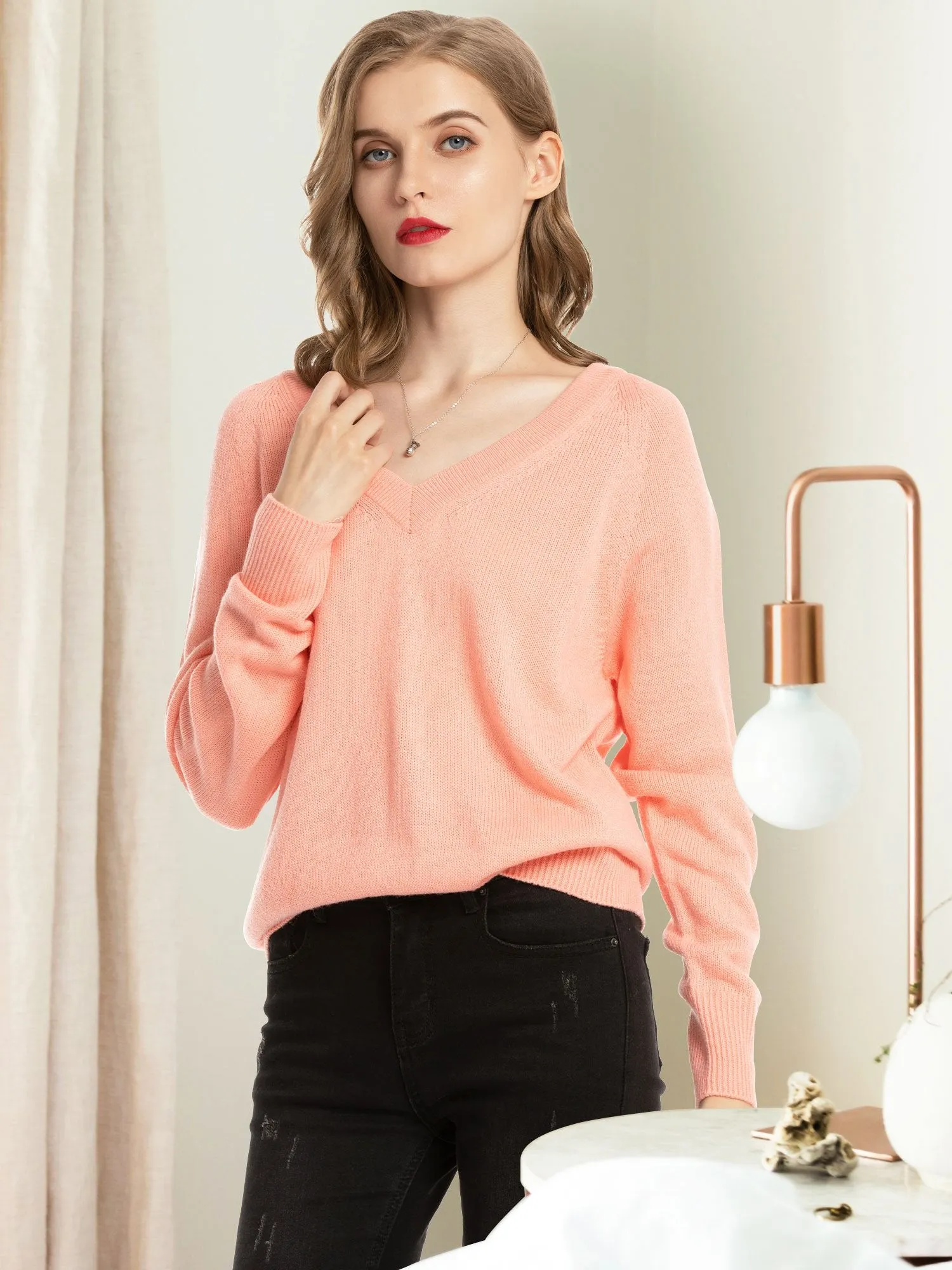 Women's V Neck Sweaters Pullover Fall Lightweight Casual Long Sleeve Solid Tops