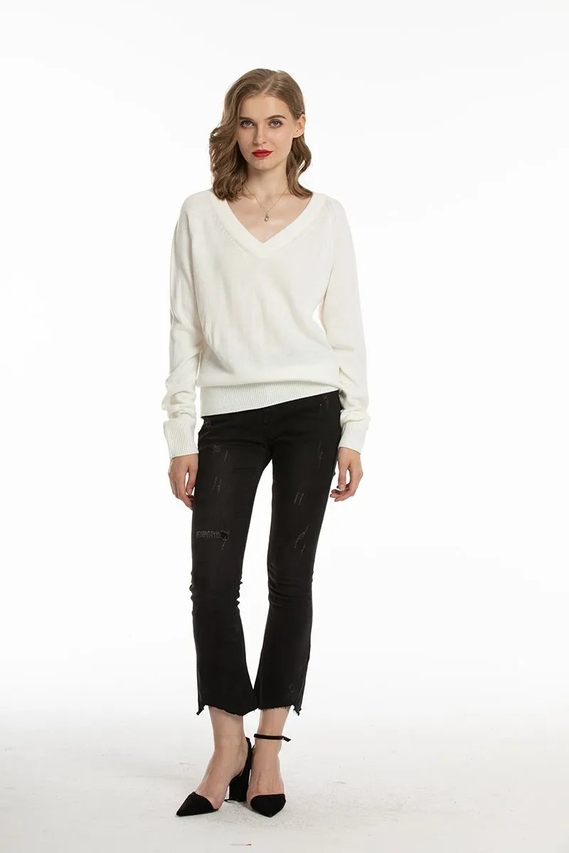 Women's V Neck Sweaters Pullover Fall Lightweight Casual Long Sleeve Solid Tops