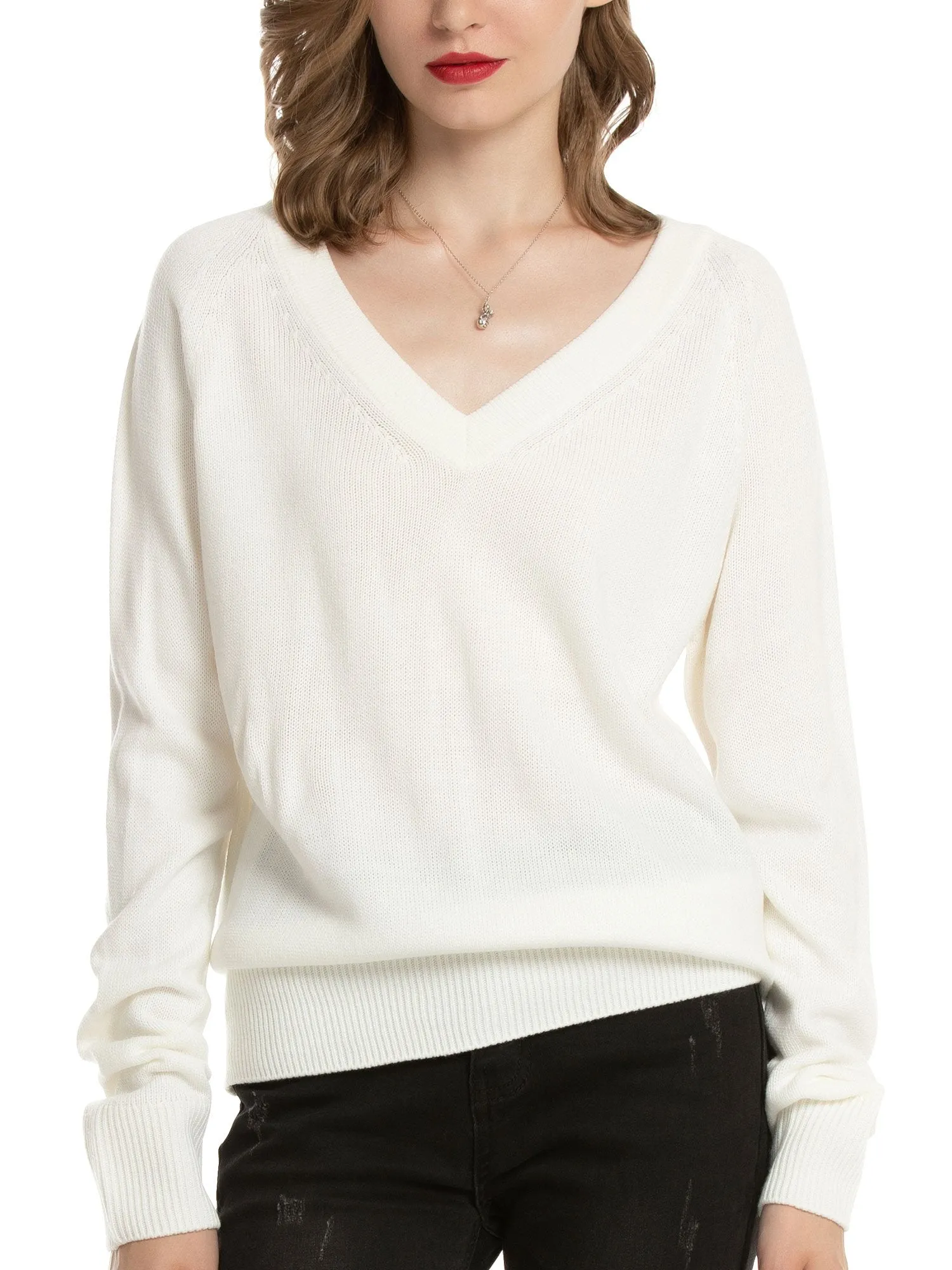 Women's V Neck Sweaters Pullover Fall Lightweight Casual Long Sleeve Solid Tops