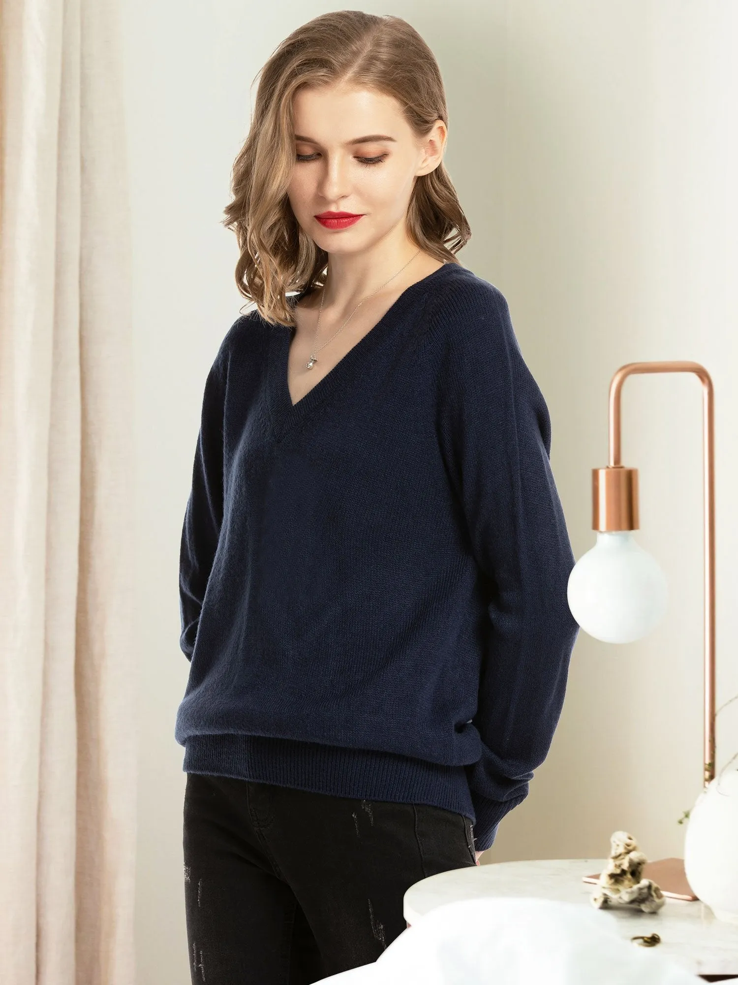 Women's V Neck Sweaters Pullover Fall Lightweight Casual Long Sleeve Solid Tops