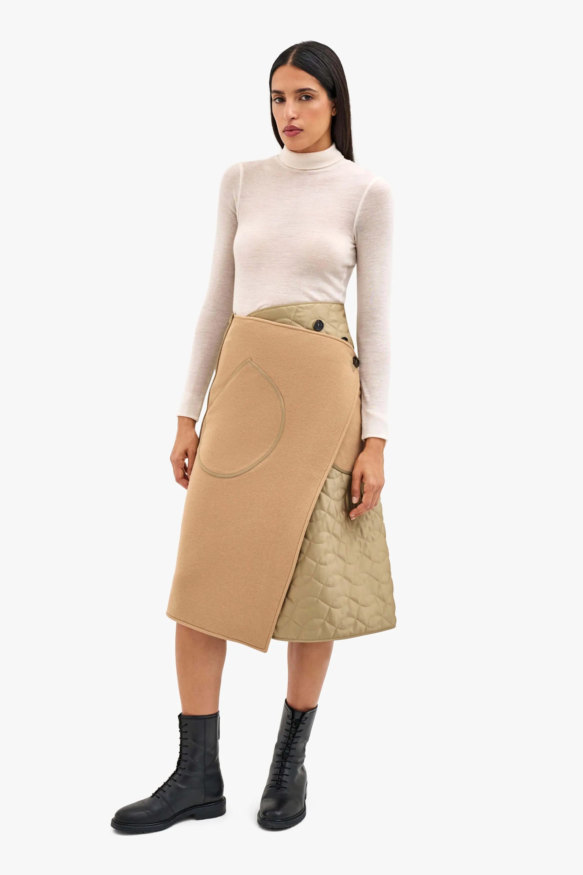 Wool & Satin Quilt Skirt - Camel / Taupe