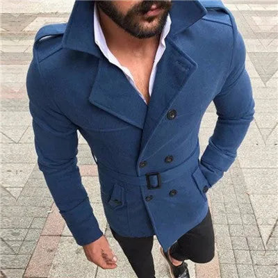 Wool Trench Coat Outerwear Turn-Down Collar England Double Breasted Slim Fit Wool Overcoat with Belt Men Jacket casaco masculino