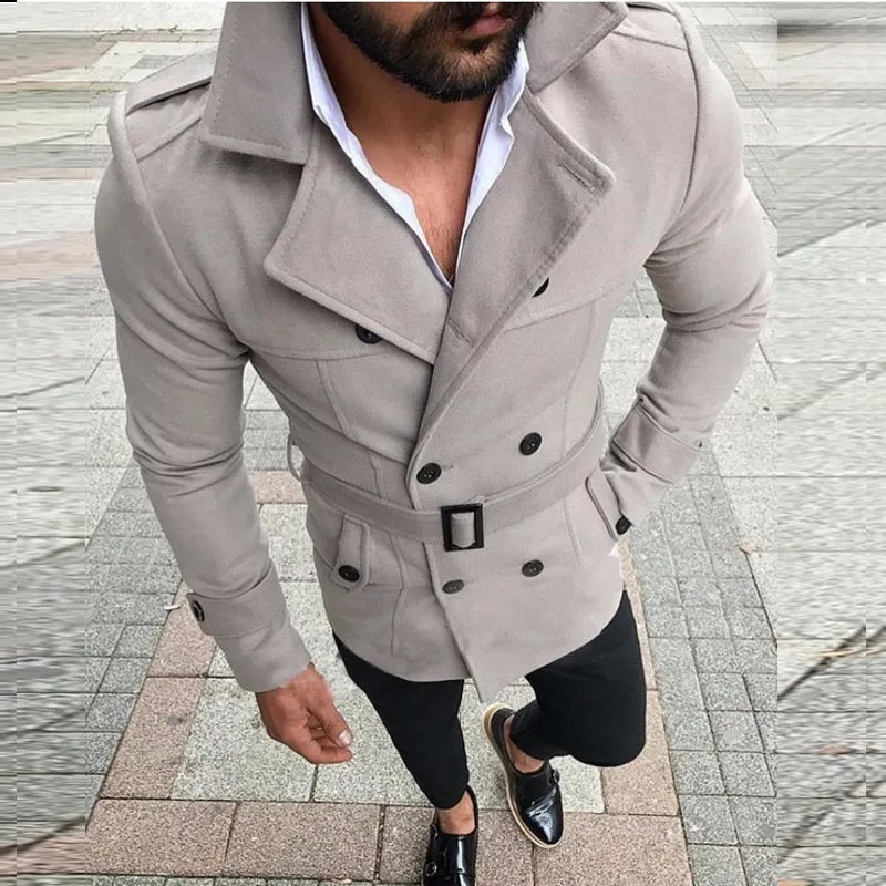 Wool Trench Coat Outerwear Turn-Down Collar England Double Breasted Slim Fit Wool Overcoat with Belt Men Jacket casaco masculino