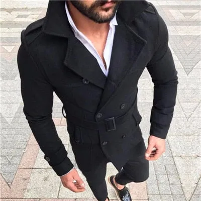 Wool Trench Coat Outerwear Turn-Down Collar England Double Breasted Slim Fit Wool Overcoat with Belt Men Jacket casaco masculino