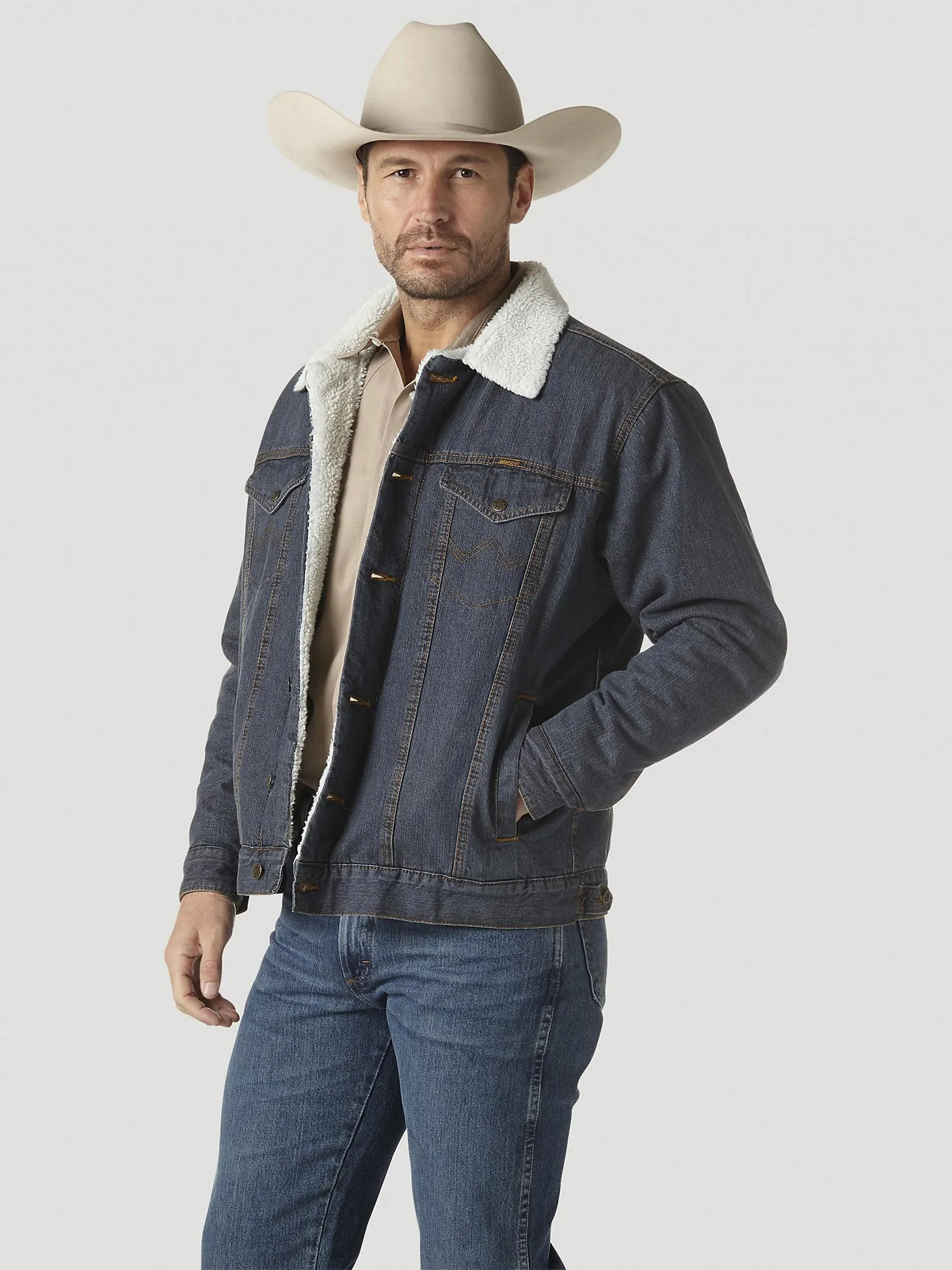 WRANGLER® WESTERN STYLED SHERPA LINED DENIM JACKET - RUSTIC