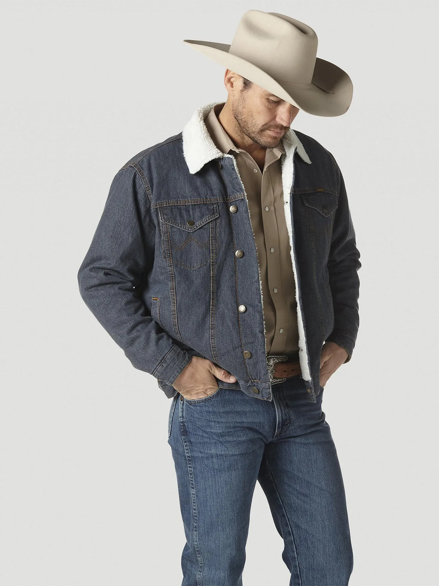 WRANGLER® WESTERN STYLED SHERPA LINED DENIM JACKET - RUSTIC