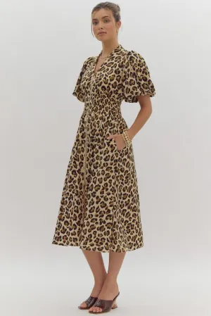 Zip Up Ecru Cheetah Print Midi Dress