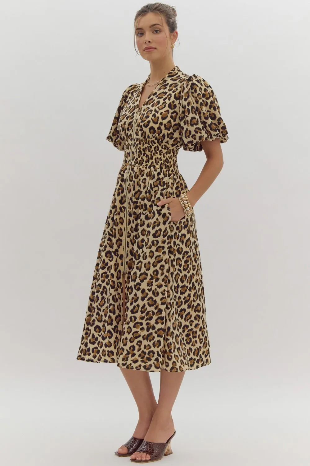 Zip Up Ecru Cheetah Print Midi Dress